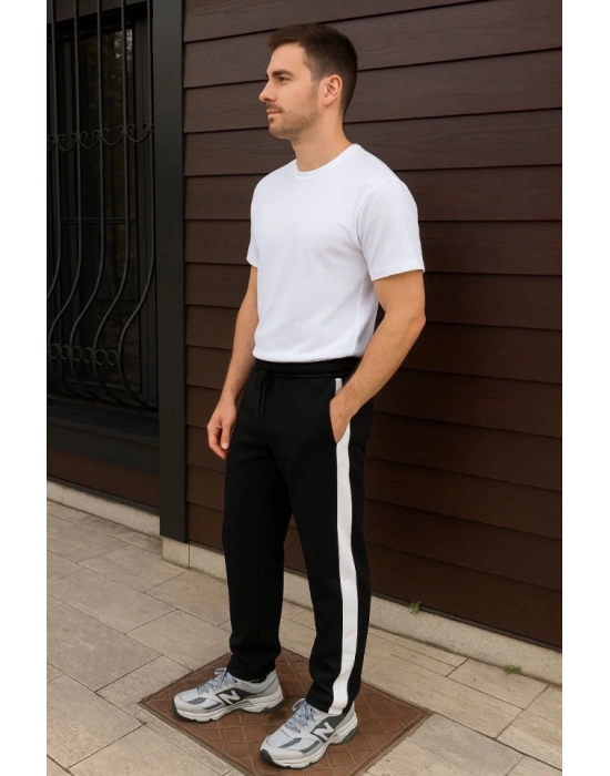 Erkek Üç İplik Kışlık Pamuklu Yandan Garneli Kalın Şeritli Cepli Eşofman Altı - Siyah