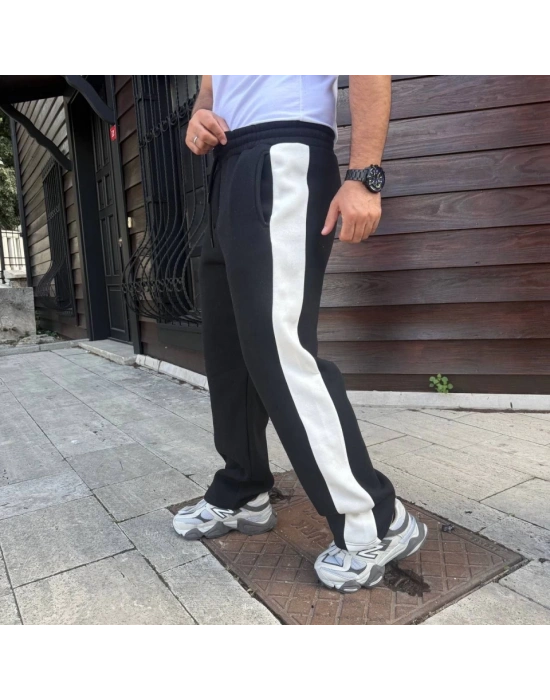 Erkek Üç İplik Kışlık Pamuklu Yandan Garneli Kalın Şeritli Cepli Eşofman Altı - Siyah