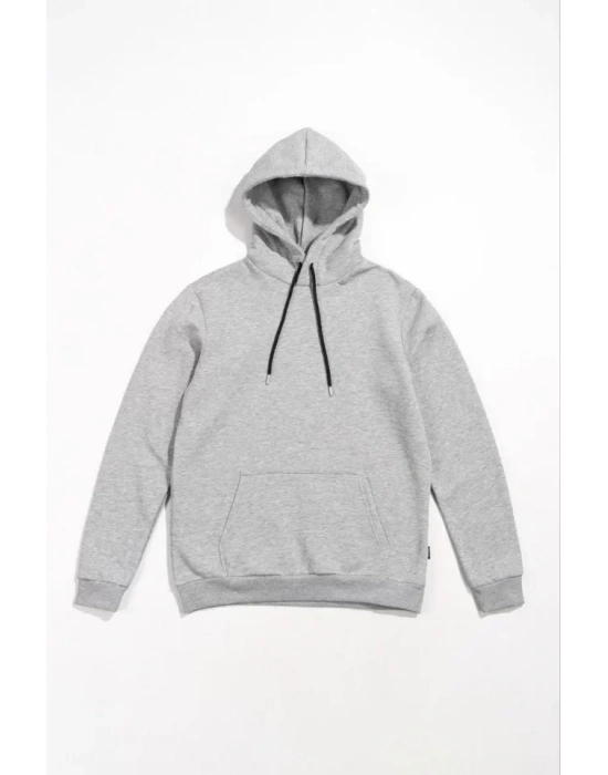 Erkek Uzun Kol Kapşonlu Basic Sweatshirt Hoodie - Gri
