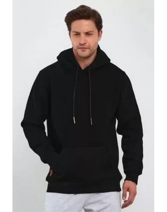 Erkek Uzun Kol Kapşonlu Basic Sweatshirt Hoodie - Siyah