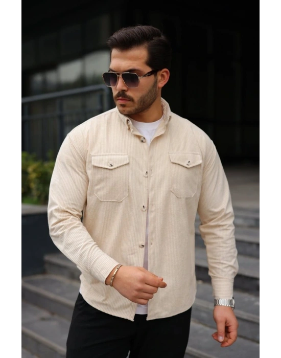 Erkek Uzun Kollu Cepli Kadife Gömlek