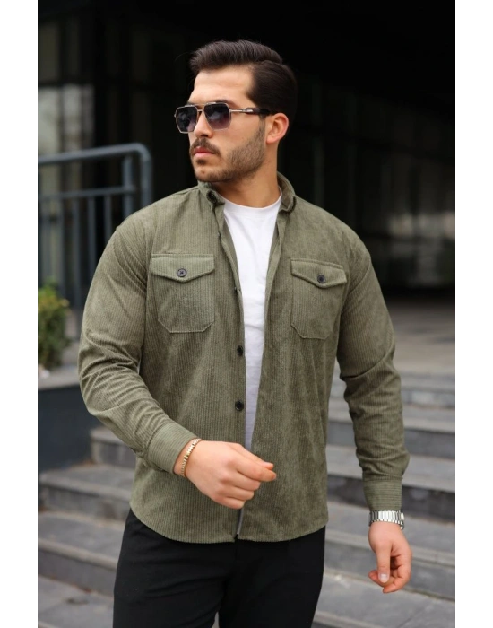 Erkek Uzun Kollu Cepli Kadife Gömlek
