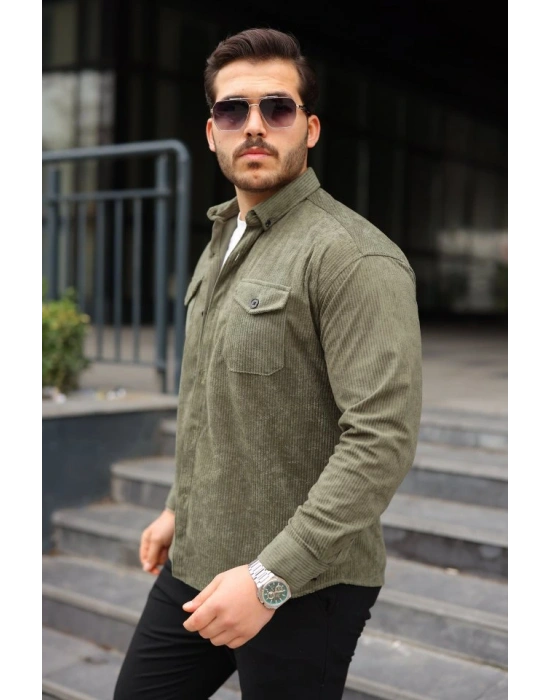 Erkek Uzun Kollu Cepli Kadife Gömlek