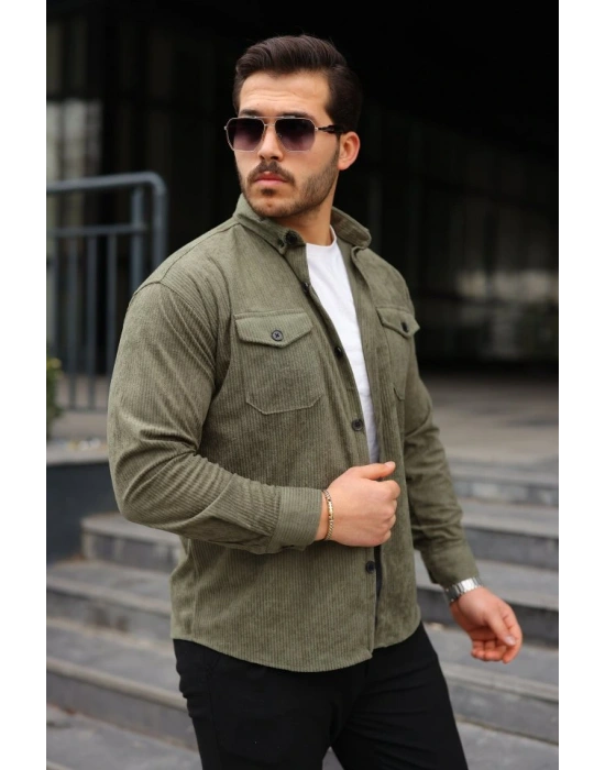 Erkek Uzun Kollu Cepli Kadife Gömlek