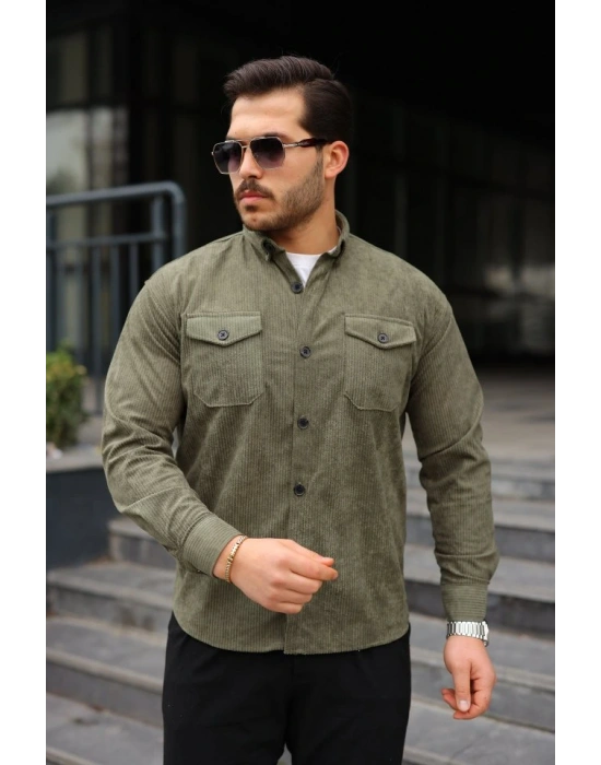 Erkek Uzun Kollu Cepli Kadife Gömlek