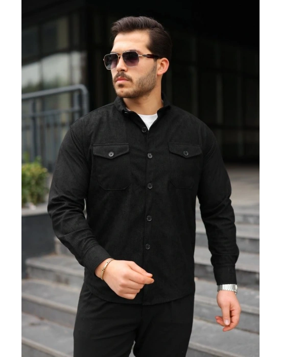 Erkek Uzun Kollu Cepli Kadife Gömlek