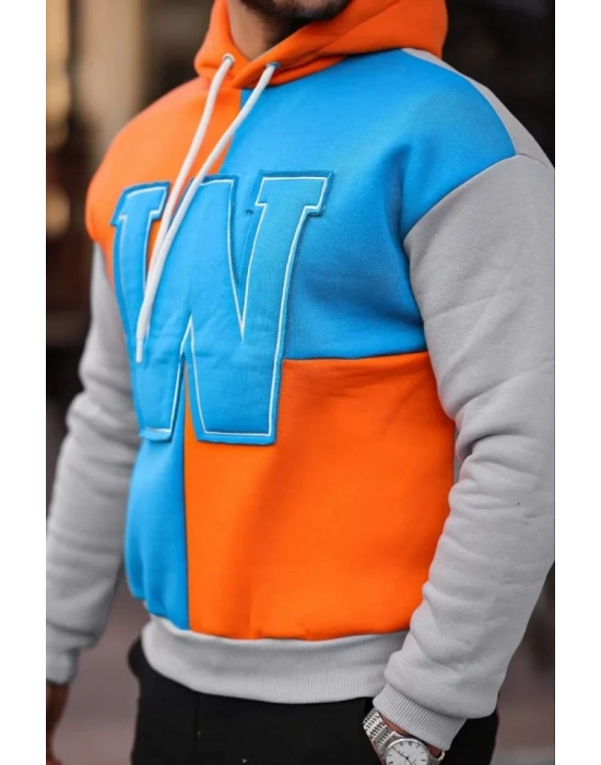Erkek W Nakış İşlemeli Kapüşonlu Sweatshirt - Mavi