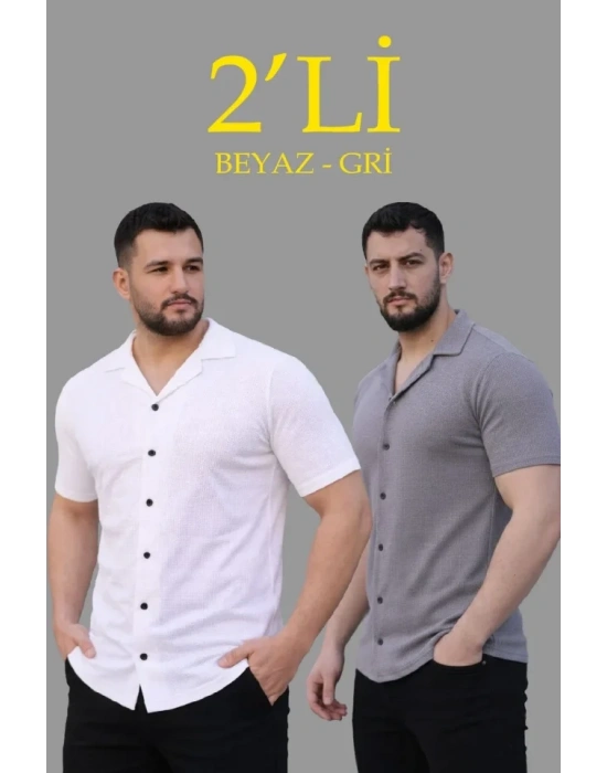 Erkek Waffle Dokuma Açık Yakalı Düğmeli Regular Kalıp 2’li Gömlek Seti - Beyaz - Gri