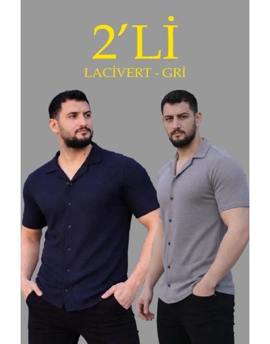 Erkek Waffle Dokuma Açık Yakalı Düğmeli Regular Kalıp 2’li Gömlek Seti - Lacivert - Gri