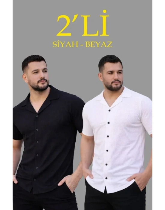 Erkek Waffle Dokuma Açık Yakalı Düğmeli Regular Kalıp 2’li Gömlek Seti - Siyah - Beyaz