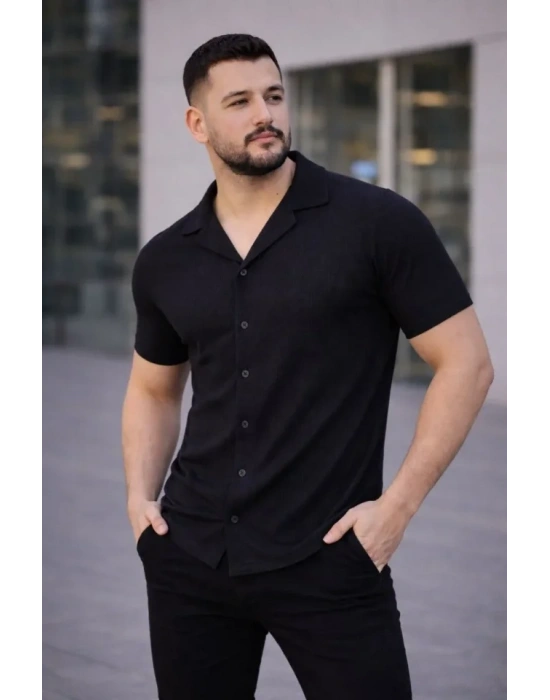 Erkek Waffle Dokuma Açık Yakalı Düğmeli Regular Kalıp 2’li Gömlek Seti - Siyah - Beyaz