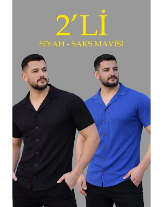 Erkek Waffle Dokuma Açık Yakalı Düğmeli Regular Kalıp 2’li Gömlek Seti - Siyah - Saks Mavisi