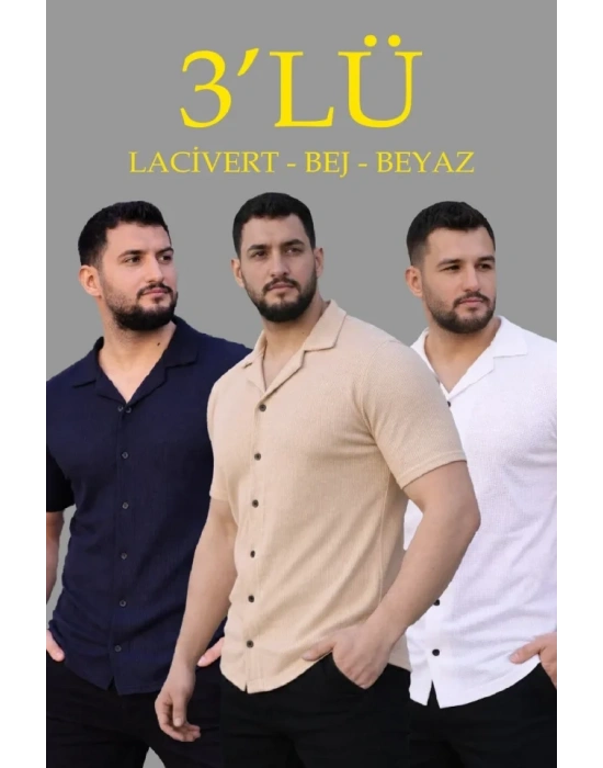 Erkek Waffle Dokuma Açık Yakalı Düğmeli Regular Kalıp 3’lü Gömlek Seti - Bej, Beyaz, Lacivert