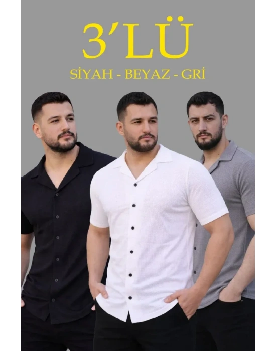 Erkek Waffle Dokuma Açık Yakalı Düğmeli Regular Kalıp 3’lü Gömlek Seti - Siyah, Beyaz, Gri