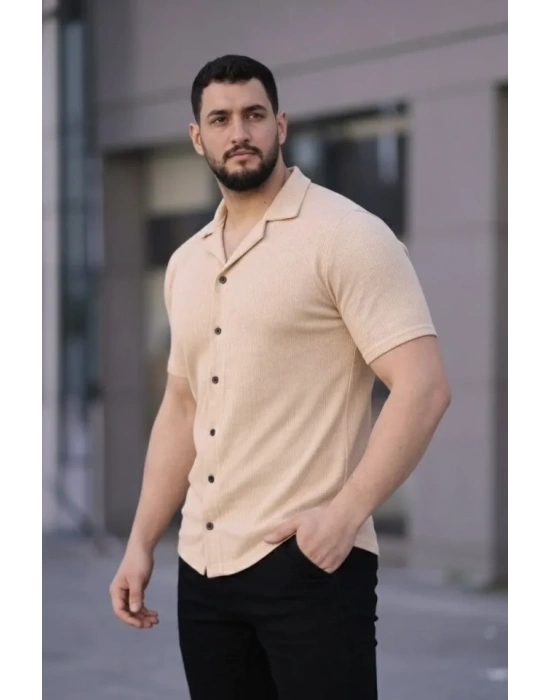 Erkek Waffle Kumaş Kısa Kollu Düğmeli Açık Yaka Regular Fit Gömlek - Bej
