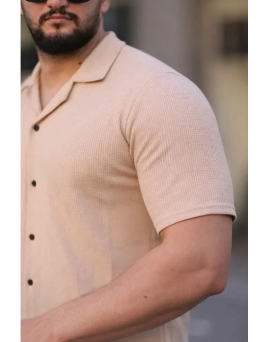 Erkek Waffle Kumaş Kısa Kollu Düğmeli Açık Yaka Regular Fit Gömlek - Bej