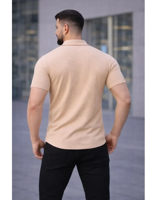 Erkek Waffle Kumaş Kısa Kollu Düğmeli Açık Yaka Regular Fit Gömlek - Bej
