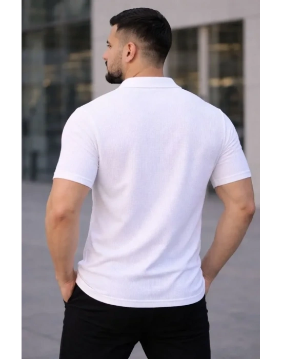Erkek Waffle Kumaş Kısa Kollu Düğmeli Açık Yaka Regular Fit Gömlek - Beyaz