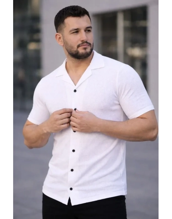 Erkek Waffle Kumaş Kısa Kollu Düğmeli Açık Yaka Regular Fit Gömlek - Beyaz