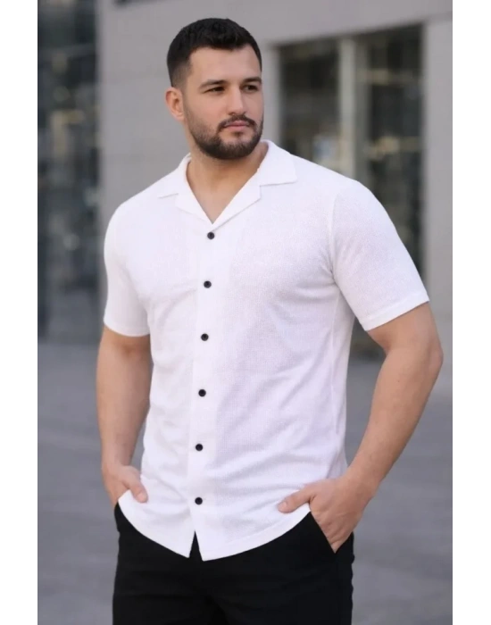 Erkek Waffle Kumaş Kısa Kollu Düğmeli Açık Yaka Regular Fit Gömlek - Beyaz