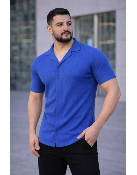 Erkek Waffle Kumaş Kısa Kollu Düğmeli Açık Yaka Regular Fit Gömlek - Saks Mavisi