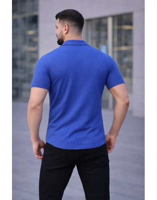 Erkek Waffle Kumaş Kısa Kollu Düğmeli Açık Yaka Regular Fit Gömlek - Saks Mavisi