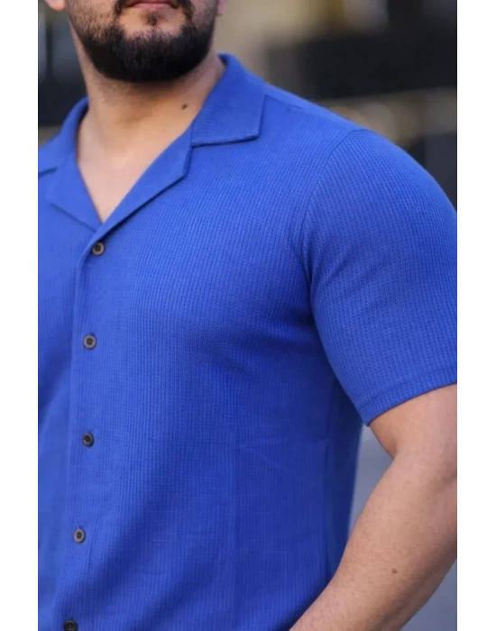 Erkek Waffle Kumaş Kısa Kollu Düğmeli Açık Yaka Regular Fit Gömlek - Saks Mavisi