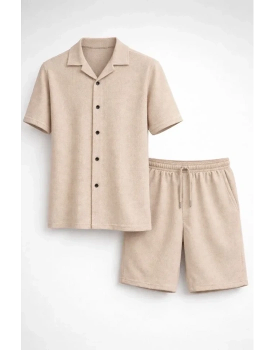 Erkek Waffle Kumaş Kısa Kollu Gömlek Şort Takım Regular Fit Yazlık İkili Set - Bej