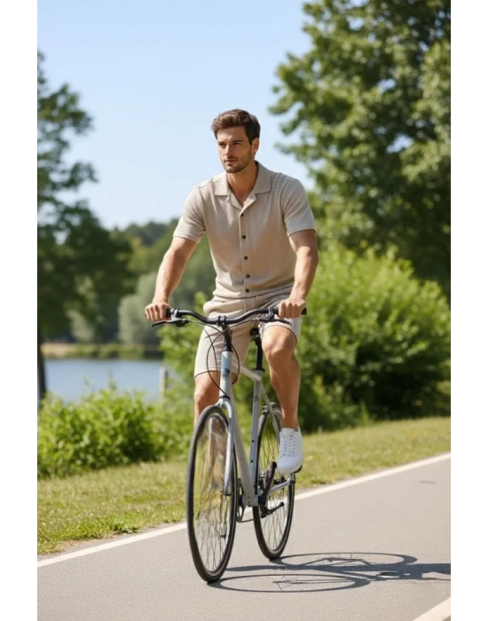 Erkek Waffle Kumaş Kısa Kollu Gömlek Şort Takım Regular Fit Yazlık İkili Set - Bej