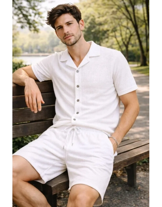 Erkek Waffle Kumaş Kısa Kollu Gömlek Şort Takım Regular Fit Yazlık İkili Set - Beyaz