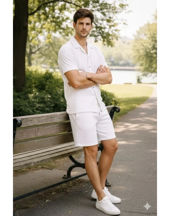 Erkek Waffle Kumaş Kısa Kollu Gömlek Şort Takım Regular Fit Yazlık İkili Set - Beyaz