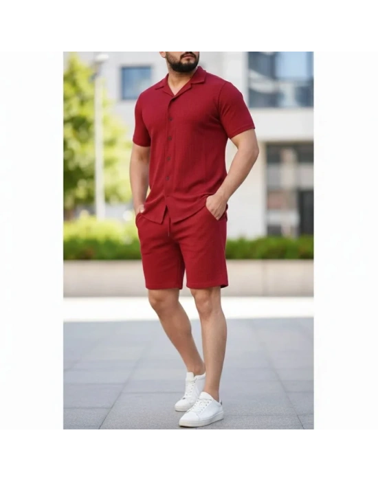 Erkek Waffle Kumaş Kısa Kollu Gömlek Şort Takım Regular Fit Yazlık İkili Set - Bordo