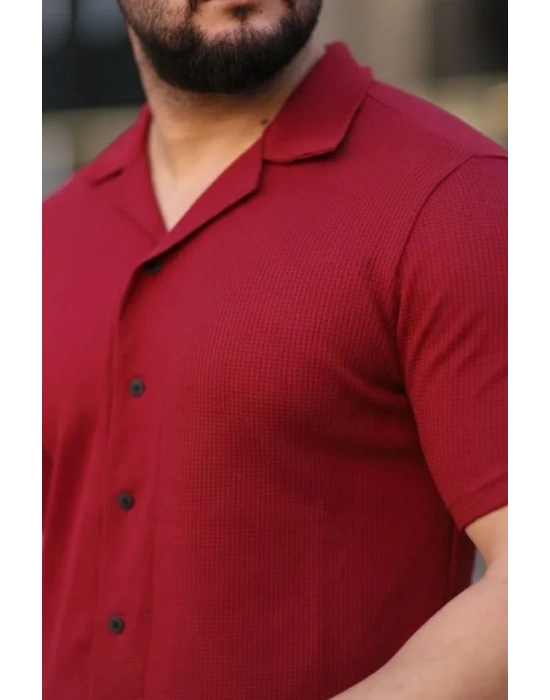 Erkek Waffle Kumaş Kısa Kollu Gömlek Şort Takım Regular Fit Yazlık İkili Set - Bordo