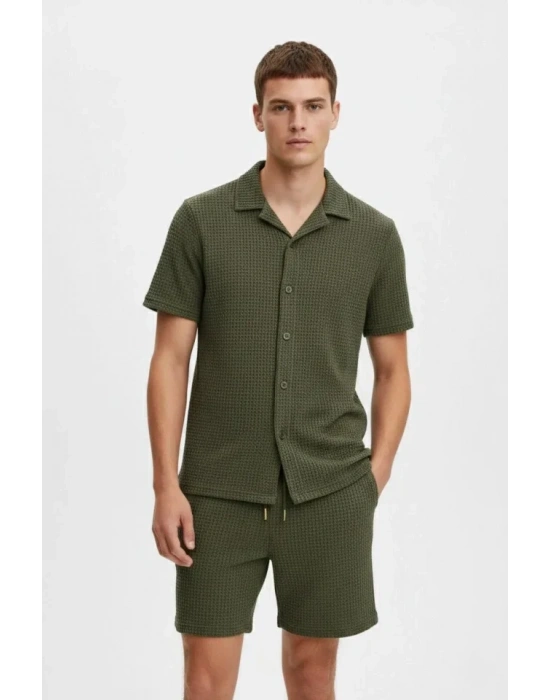 Erkek Waffle Kumaş Kısa Kollu Gömlek Şort Takım Regular Fit Yazlık İkili Set - Haki