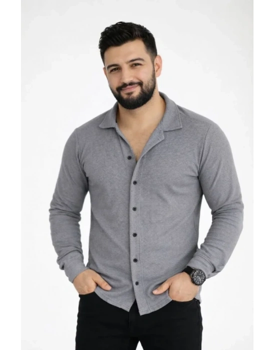 Erkek Waffle Kumaş Uzun Kollu Düğmeli Açık Yaka Regular Fit Gömlek - Füme