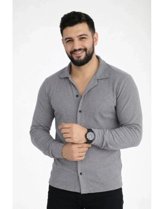 Erkek Waffle Kumaş Uzun Kollu Düğmeli Açık Yaka Regular Fit Gömlek - Füme