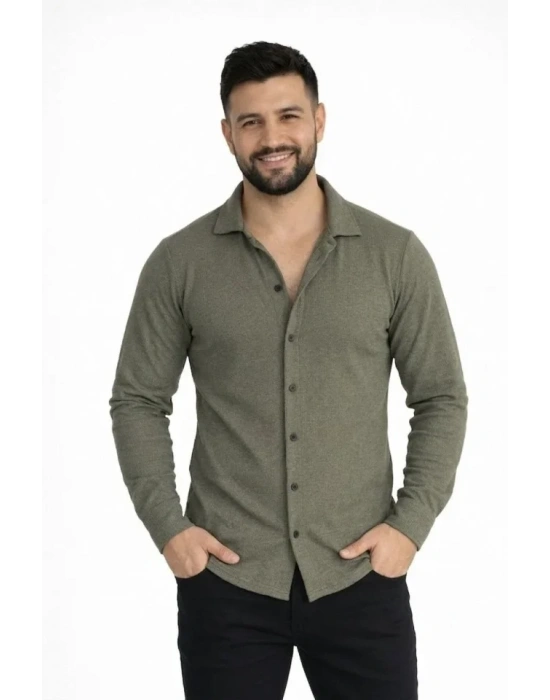 Erkek Waffle Kumaş Uzun Kollu Düğmeli Açık Yaka Regular Fit Gömlek - Haki