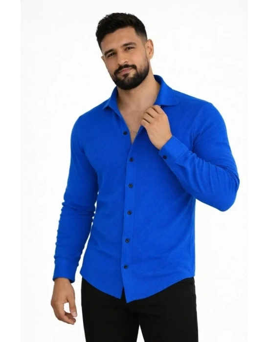 Erkek Waffle Kumaş Uzun Kollu Düğmeli Açık Yaka Regular Fit Gömlek - Saks Mavisi