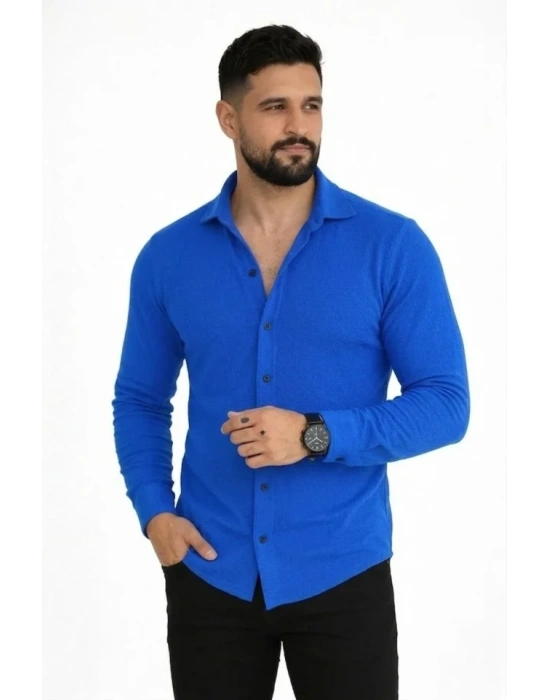 Erkek Waffle Kumaş Uzun Kollu Düğmeli Açık Yaka Regular Fit Gömlek - Saks Mavisi