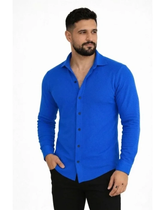 Erkek Waffle Kumaş Uzun Kollu Düğmeli Açık Yaka Regular Fit Gömlek - Saks Mavisi
