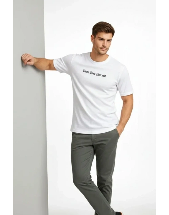 Erkek Wafıl Kumaş Tişört Regular Kalıp Bisiklet Yaka Baskılı Günlük Basic T-Shirt - Beyaz