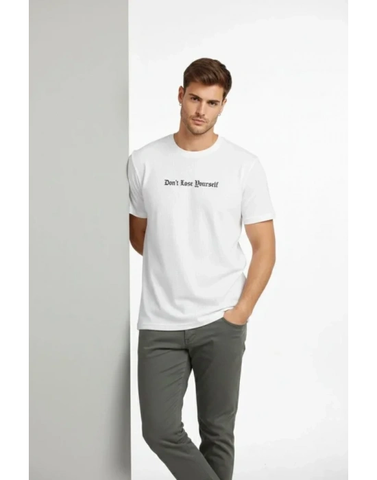 Erkek Wafıl Kumaş Tişört Regular Kalıp Bisiklet Yaka Baskılı Günlük Basic T-Shirt - Beyaz