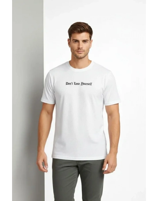 Erkek Wafıl Kumaş Tişört Regular Kalıp Bisiklet Yaka Baskılı Günlük Basic T-Shirt - Beyaz