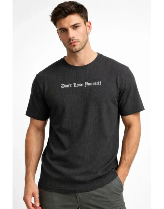 Erkek Wafıl Kumaş Tişört Regular Kalıp Bisiklet Yaka Baskılı Günlük Basic T-Shirt - Siyah