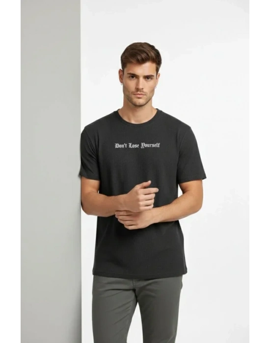 Erkek Wafıl Kumaş Tişört Regular Kalıp Bisiklet Yaka Baskılı Günlük Basic T-Shirt - Siyah