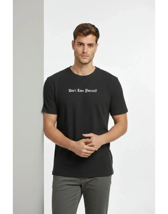 Erkek Wafıl Kumaş Tişört Regular Kalıp Bisiklet Yaka Baskılı Günlük Basic T-Shirt - Siyah