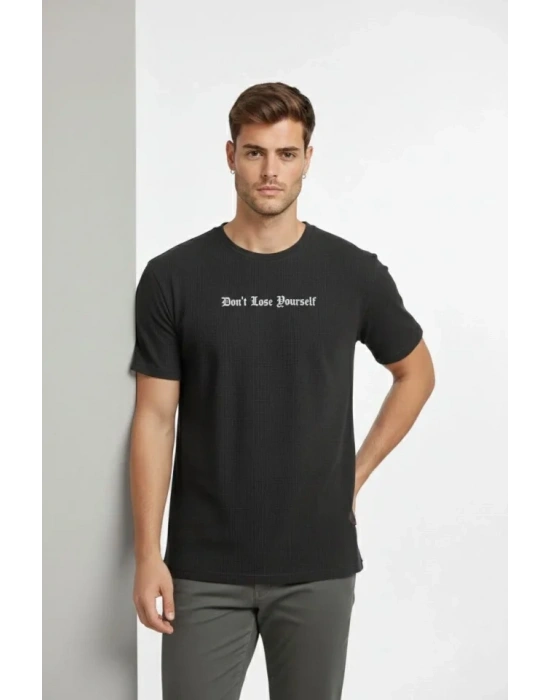 Erkek Wafıl Kumaş Tişört Regular Kalıp Bisiklet Yaka Baskılı Günlük Basic T-Shirt - Siyah