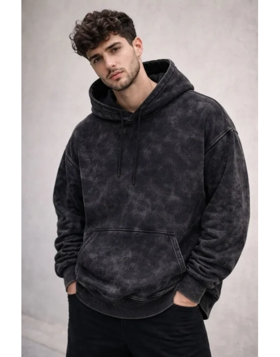 Erkek Yağ Yıkamalı Kapşonlu Double Oversize Üç İplik Pamuklu Sweatshirt - Siyah