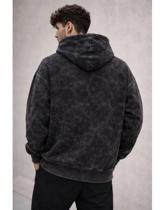 Erkek Yağ Yıkamalı Kapşonlu Double Oversize Üç İplik Pamuklu Sweatshirt - Siyah