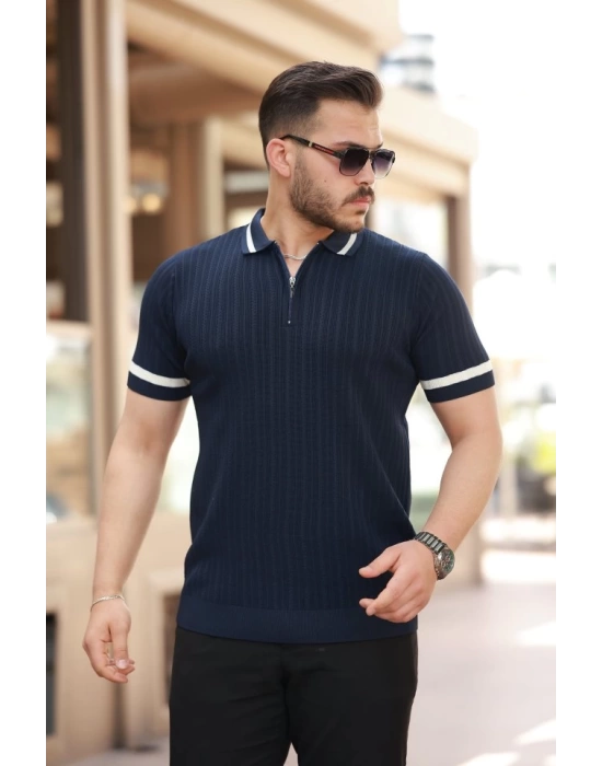 Erkek Yaka Ve Kolları çizgi Detaylı Fermuarlı Kısa Kollu T-shirt